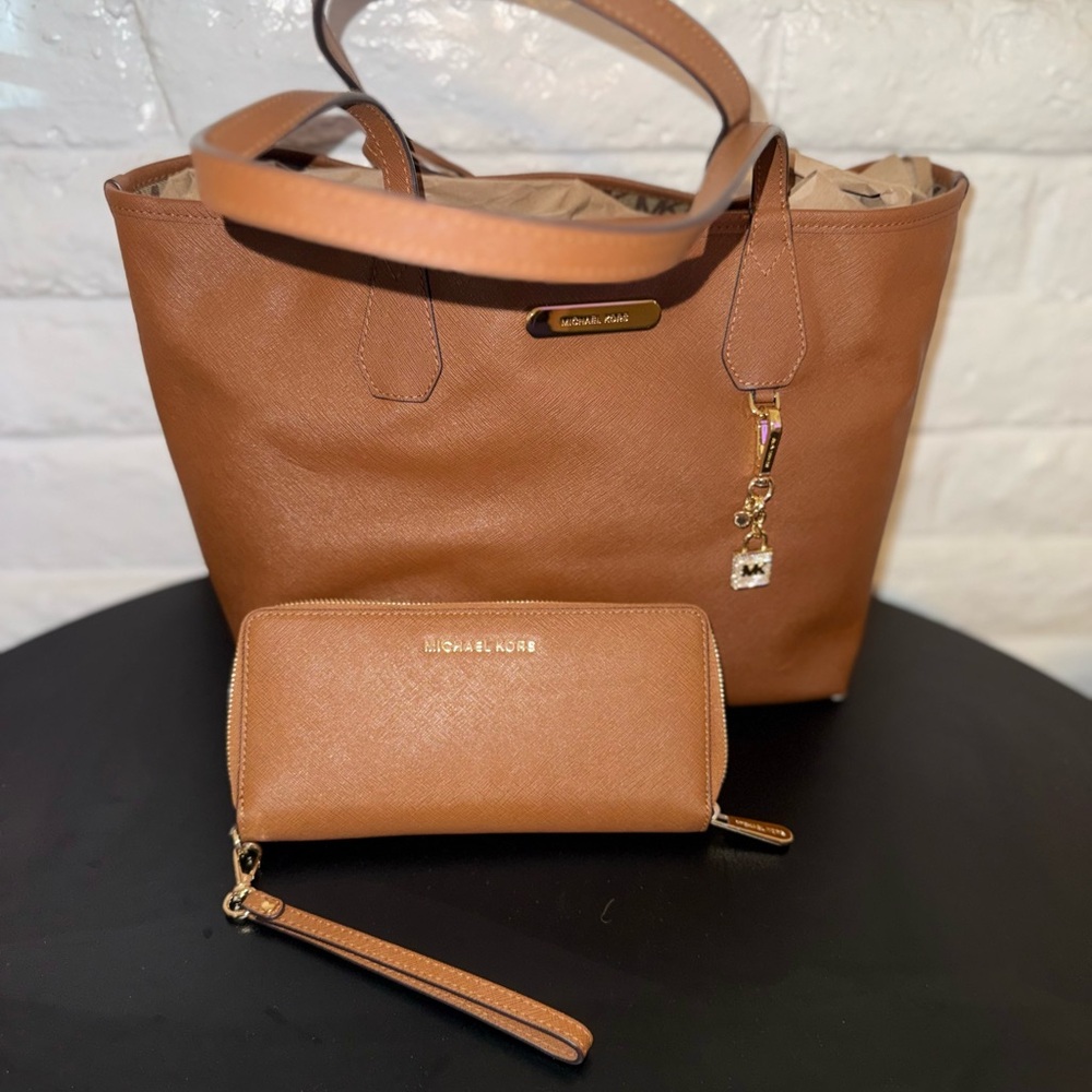 Michael Kors Cognac Saffiano Leather Tote with Wristlet Wallet